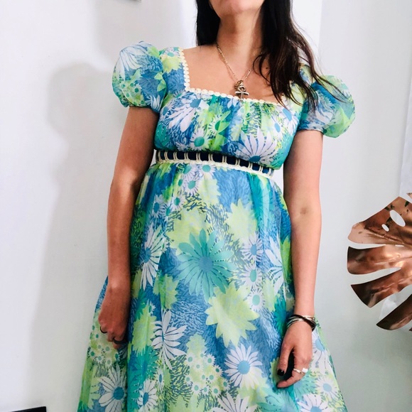 Vintage 1960’s Floral Teal Blue Chiffon Maxi Dress - Picture 5 of 13